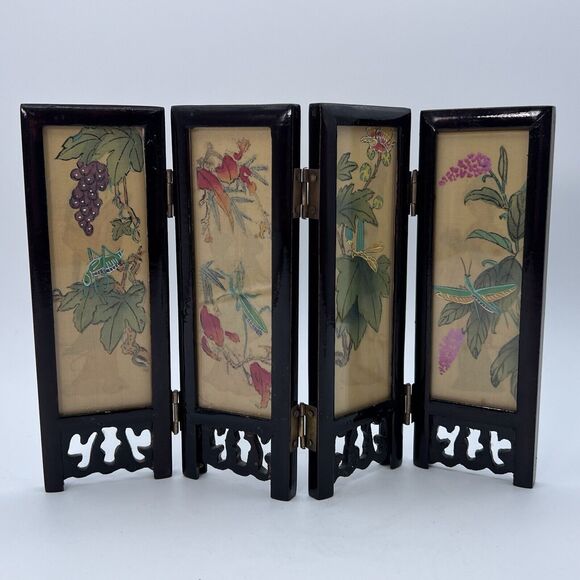 Vtg Asian Miniature Oriental 4 Panel Tabletop ScreenGeisha Insect Garden 7" - Picture 6 of 10